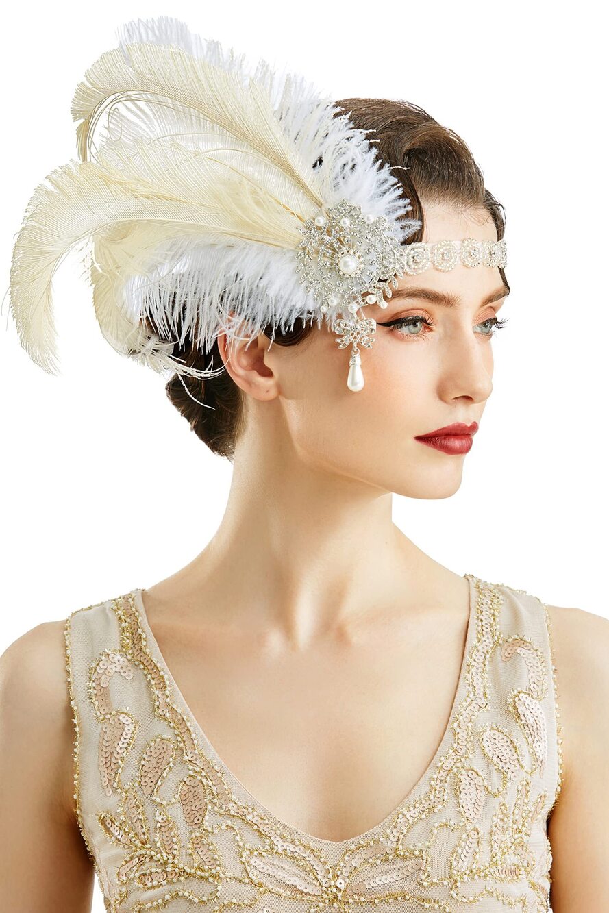 5308 1920s Flapper Headband Vintage Wedding Feather Headpiece 20s Great